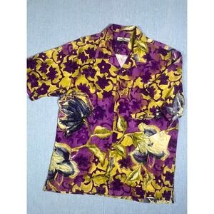 #A017 Tommy Bahama Mens Medium NWT 100% Silk Camp Shirt Purple Yellow Tropical